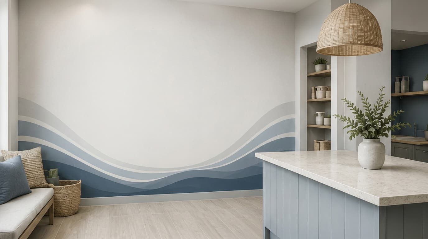 Bright, modern Washing House laundry room with a coastal wave wall mural