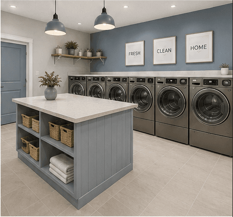 Clean, modern Washing House interior with rows of washers and a central folding island
